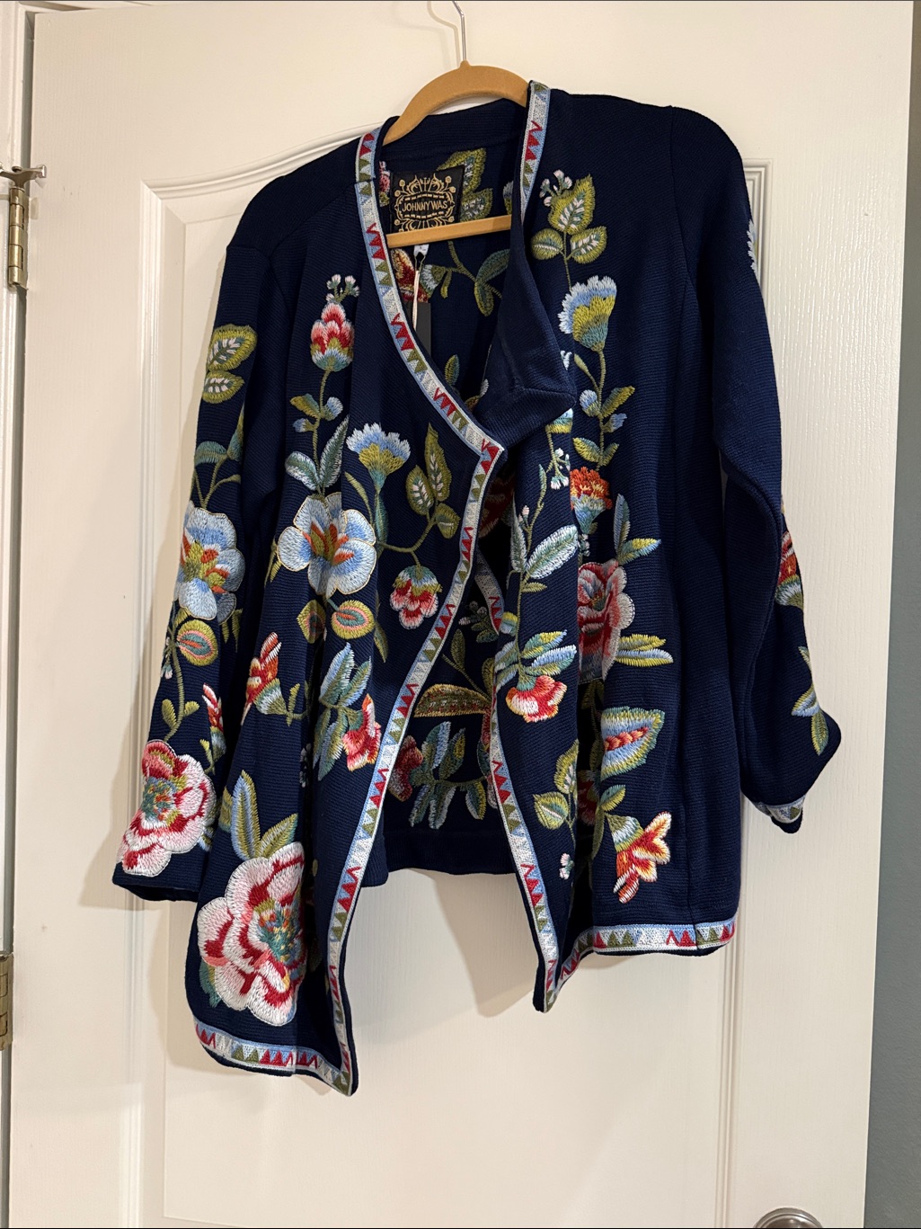 Johnny Was Navy Floral Embroidered Open Cardigan